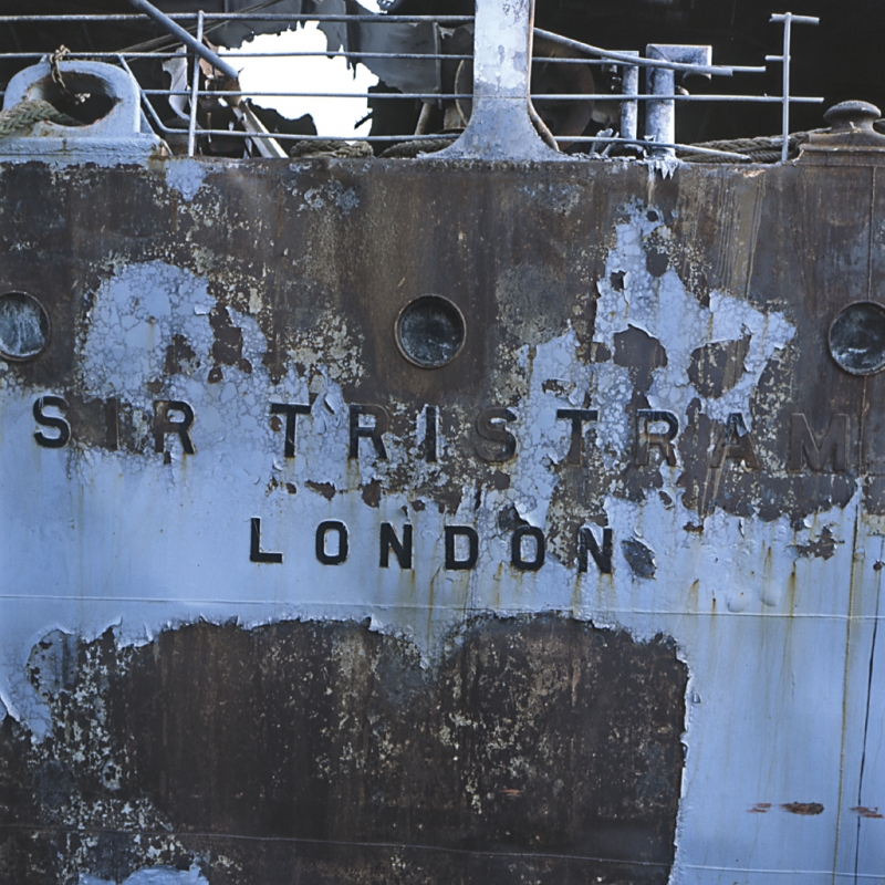 Photograph of the damaged ship the Sir Tristram on the Tees in 1983.
