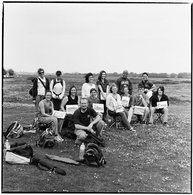 Watercolour lessons on the meadow. Members of Abilene University, Texas on a Summer course in Oxford. June 2002 by Adrian Arbib